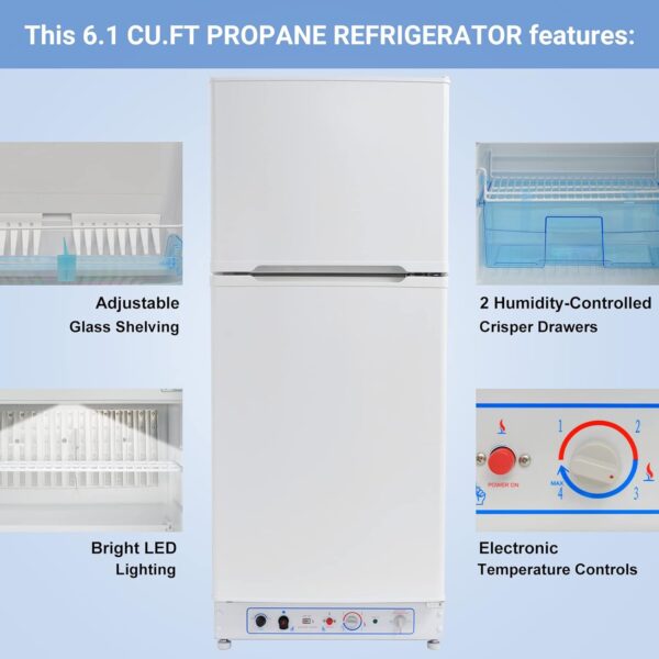 smad propane refrigerator off grid. 6.1 cu.ft propane fridge with freezer for cabin. boat. lpg/110v 2 way rv refrigerator with reversible door. white
