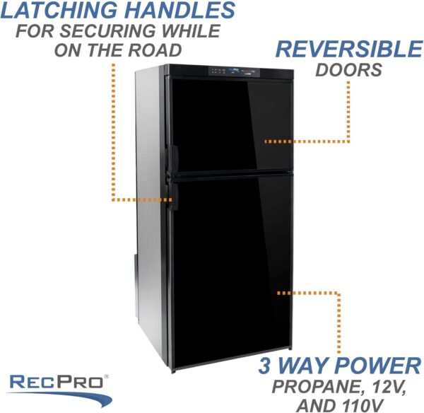 recpro rv refrigerator 6.3 cubic feet gas and electric | black or stainless finish | 110v / 12v / propane gas | (black finish)