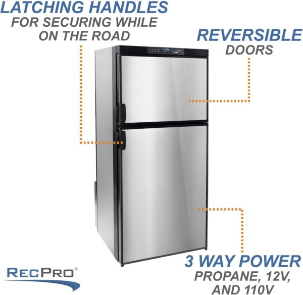 recpro rv refrigerator 6.3 cubic feet gas and electric | black or stainless finish | 110v / 12v / propane gas | (stainless finish)